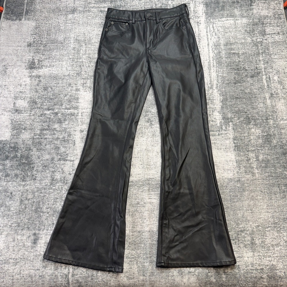 American‎ Eagle Pants Womens 4 Black Super High Rise Flare Faux Leather Party